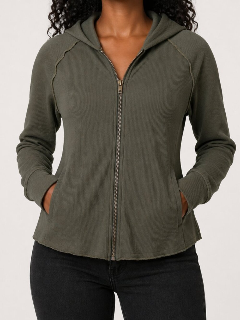 Philosophy Hoodie Sweatshirt Womens Medium Green Full Zip Waffle Casual